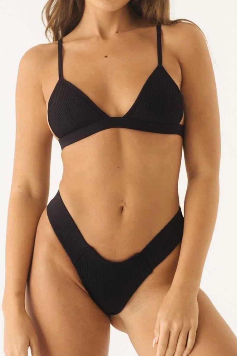 Black ribbed triangle bikini top with thin shoulder straps and v-neckline.