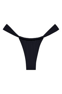 Black ribbed bikini bottom with tie-side straps and thong coverage.