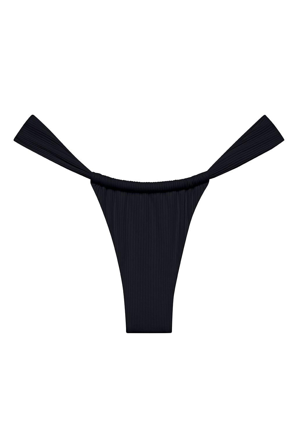 Black ribbed bikini bottom with tie-side straps and thong coverage.