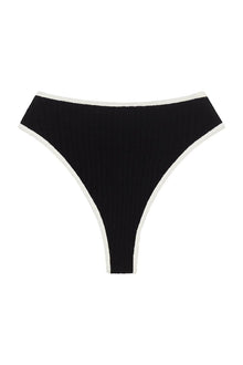 Black terry rib bikini bottom with cream-colored binding on the waistband and leg openings.