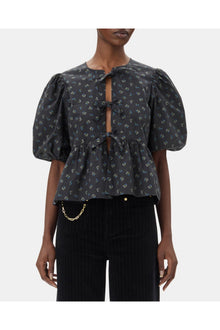 Black Printed Cotton Peplum Blouse | Phantom