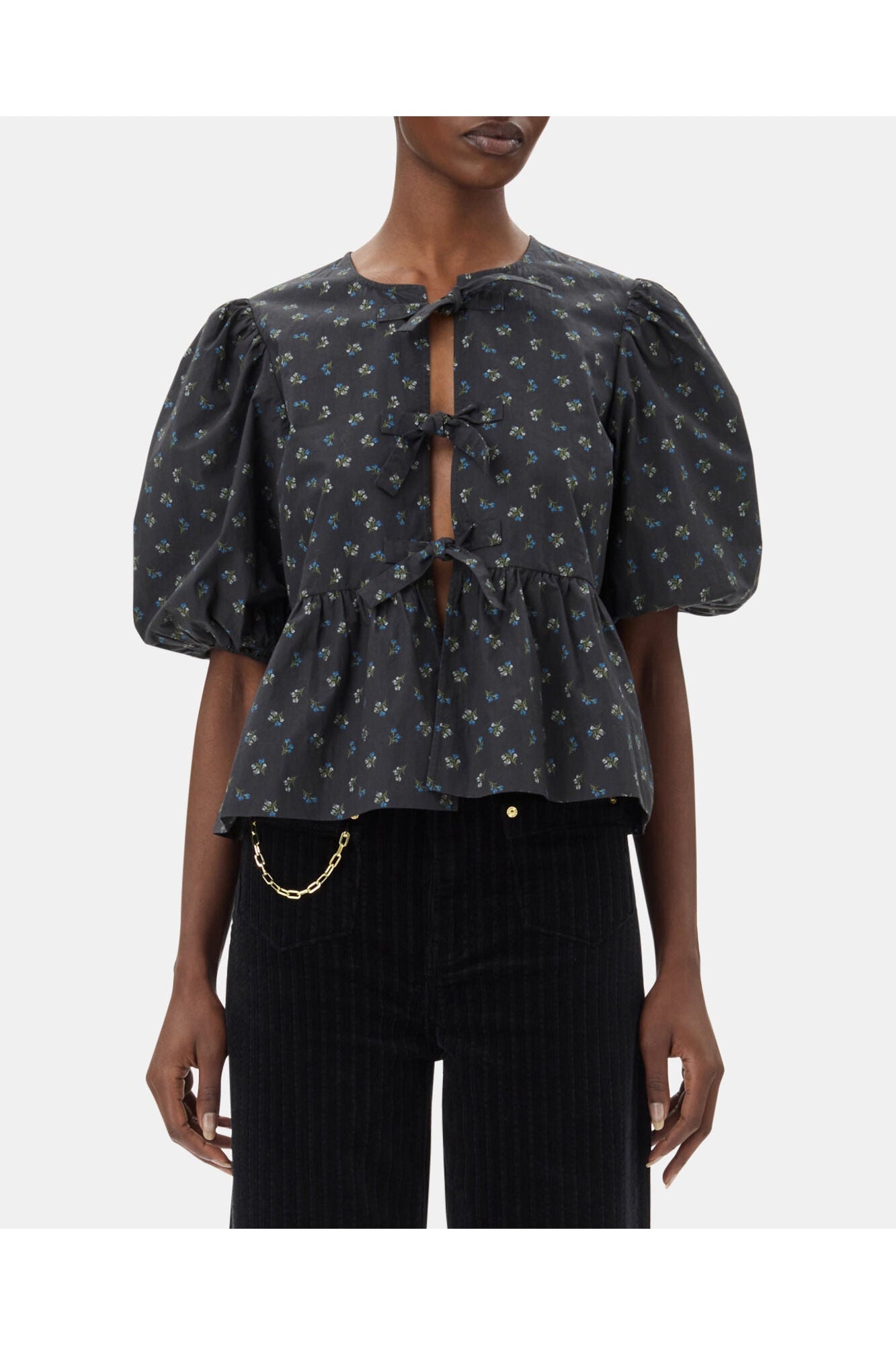 Black Printed Cotton Peplum Blouse | Phantom