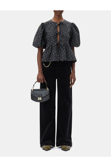 Black Printed Cotton Peplum Blouse | Phantom