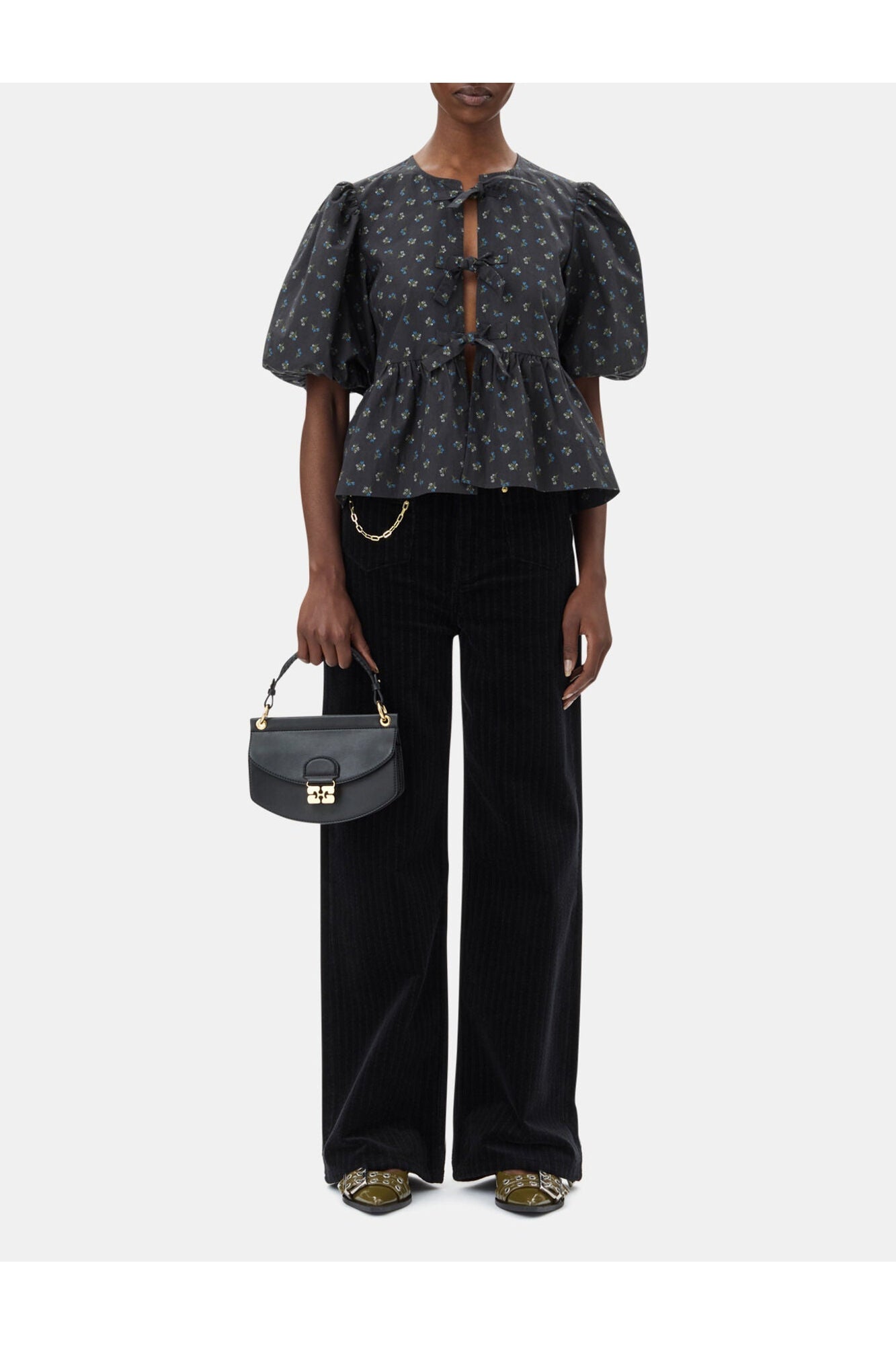 Black Printed Cotton Peplum Blouse | Phantom