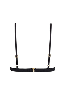 Black ribbed triangle bikini top with thin shoulder straps and gold-toned hardware, displayed flat against white background.