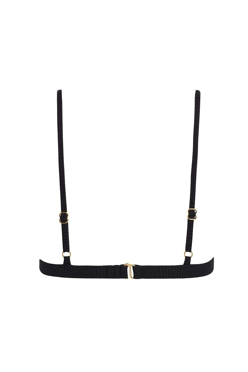 Black ribbed triangle bikini top with thin shoulder straps and gold-toned hardware, displayed flat against white background.