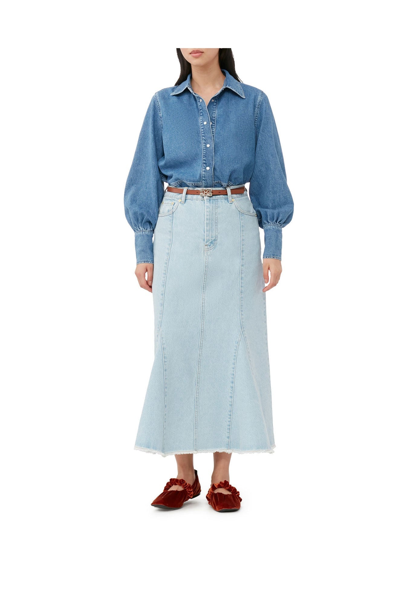 Bleach Denim Peplum Midi Skirt | Light Blue Stone