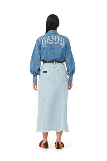 Bleach Denim Peplum Midi Skirt | Light Blue Stone