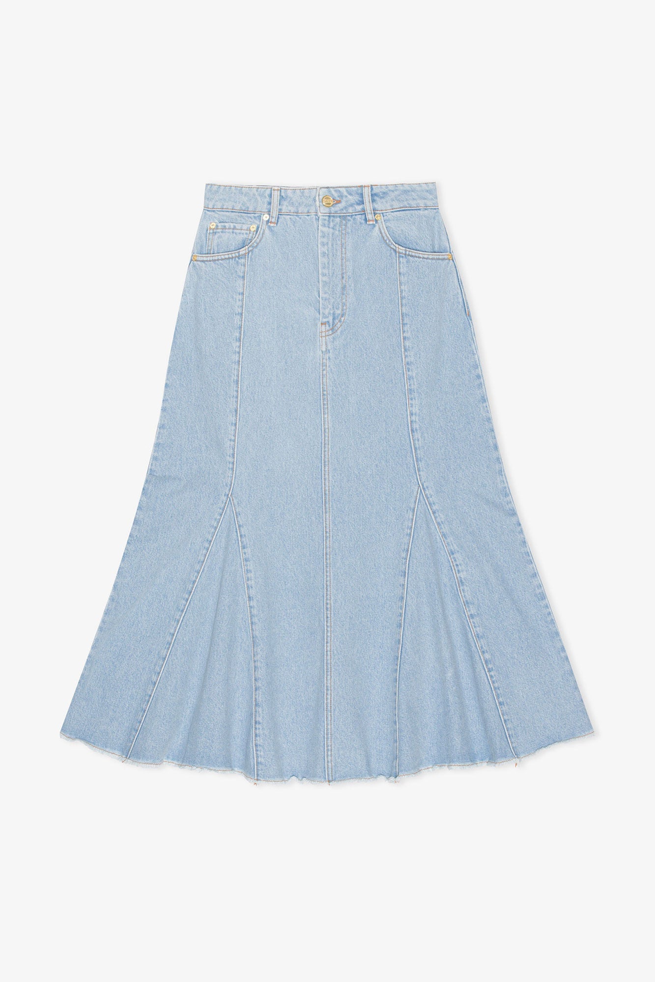 Bleach Denim Peplum Midi Skirt | Light Blue Stone