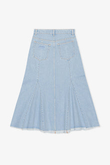 Bleach Denim Peplum Midi Skirt | Light Blue Stone