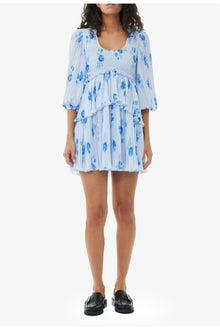 Blue Pleated Georgette Flounce Smock Mini Dress | Heather