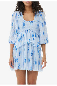 Blue Pleated Georgette Flounce Smock Mini Dress | Heather