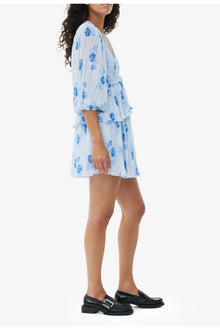 Blue Pleated Georgette Flounce Smock Mini Dress | Heather