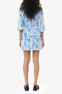 Blue Pleated Georgette Flounce Smock Mini Dress | Heather