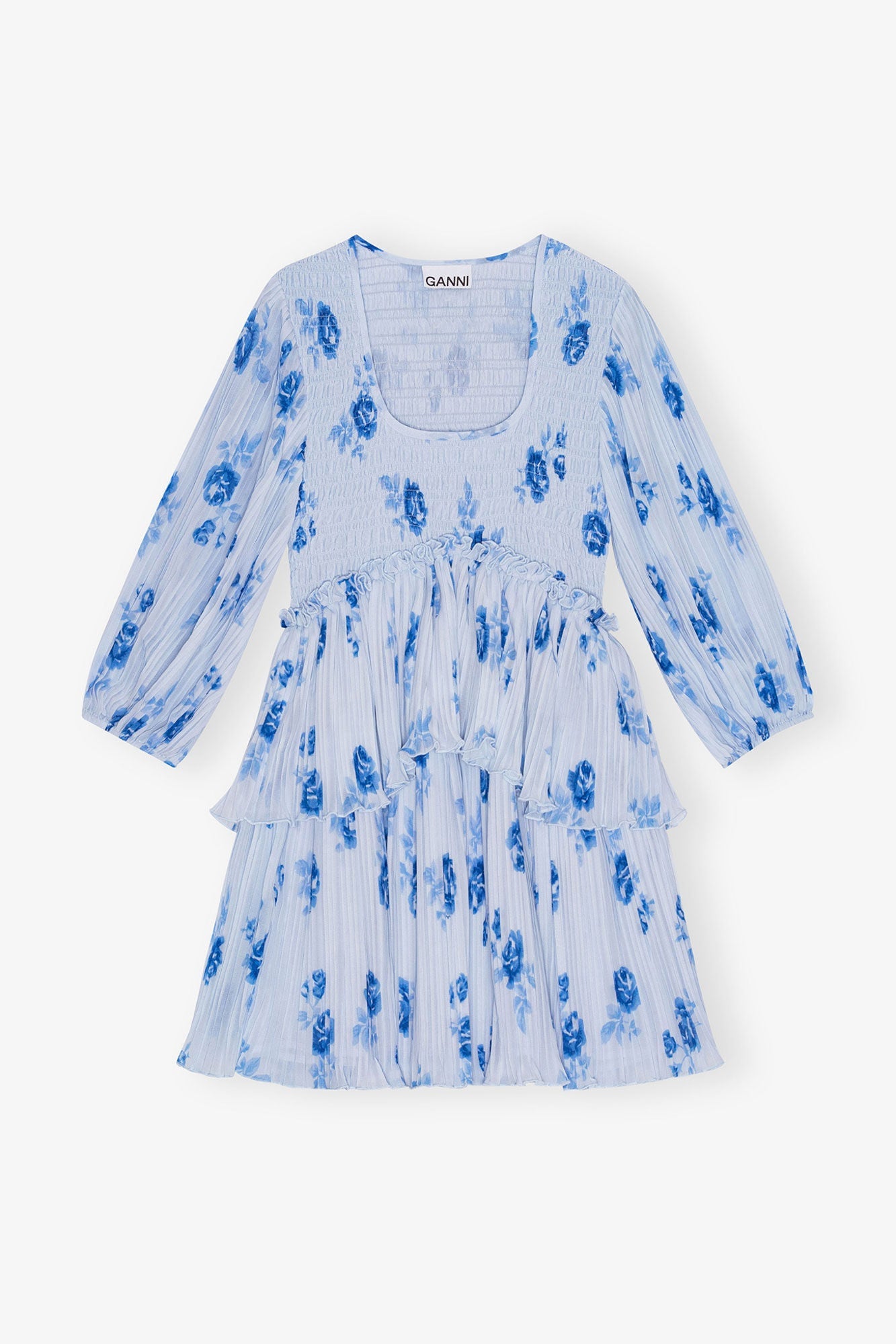 Blue Pleated Georgette Flounce Smock Mini Dress | Heather