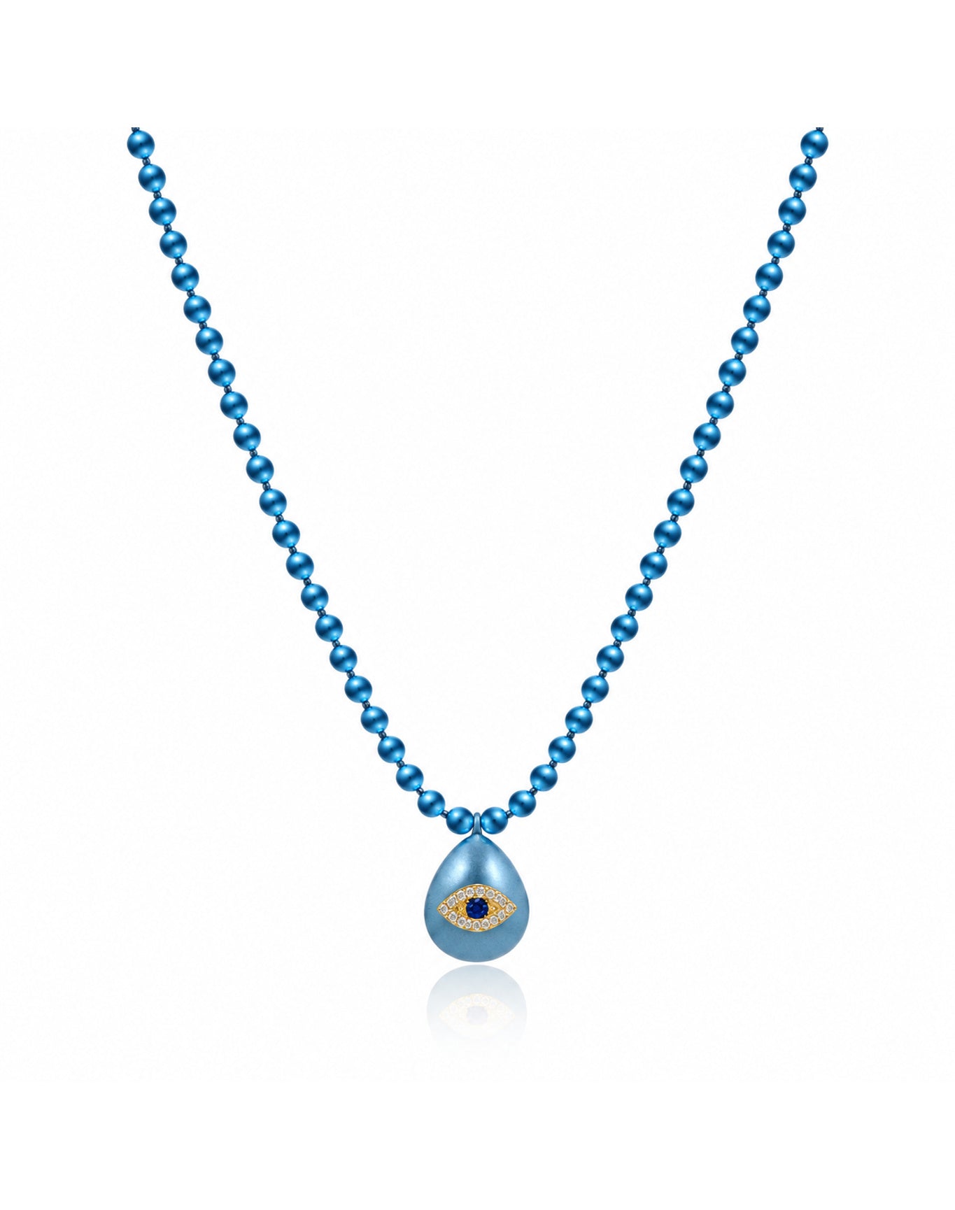 Blue Rhodium Diamond Evil Eye Blue Sapphire Beaded Chain Necklace | Rhodium Plated Silver
