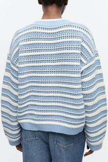 Blue Striped Cotton V neck Jumper | Egret