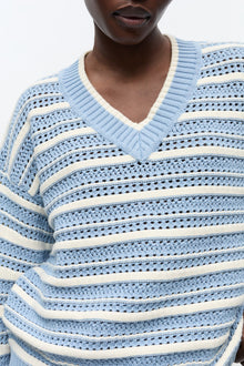 Blue Striped Cotton V neck Jumper | Egret