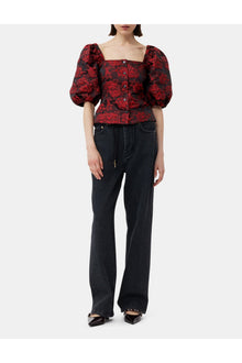 Botanical Jacquard Fitted Blouse | High Risk Red