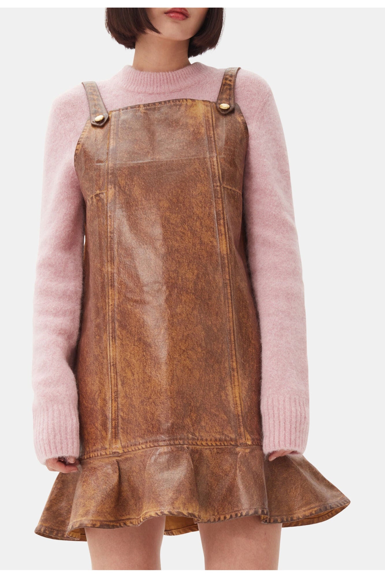Brown Foil Denim Mini Dress | Cognac