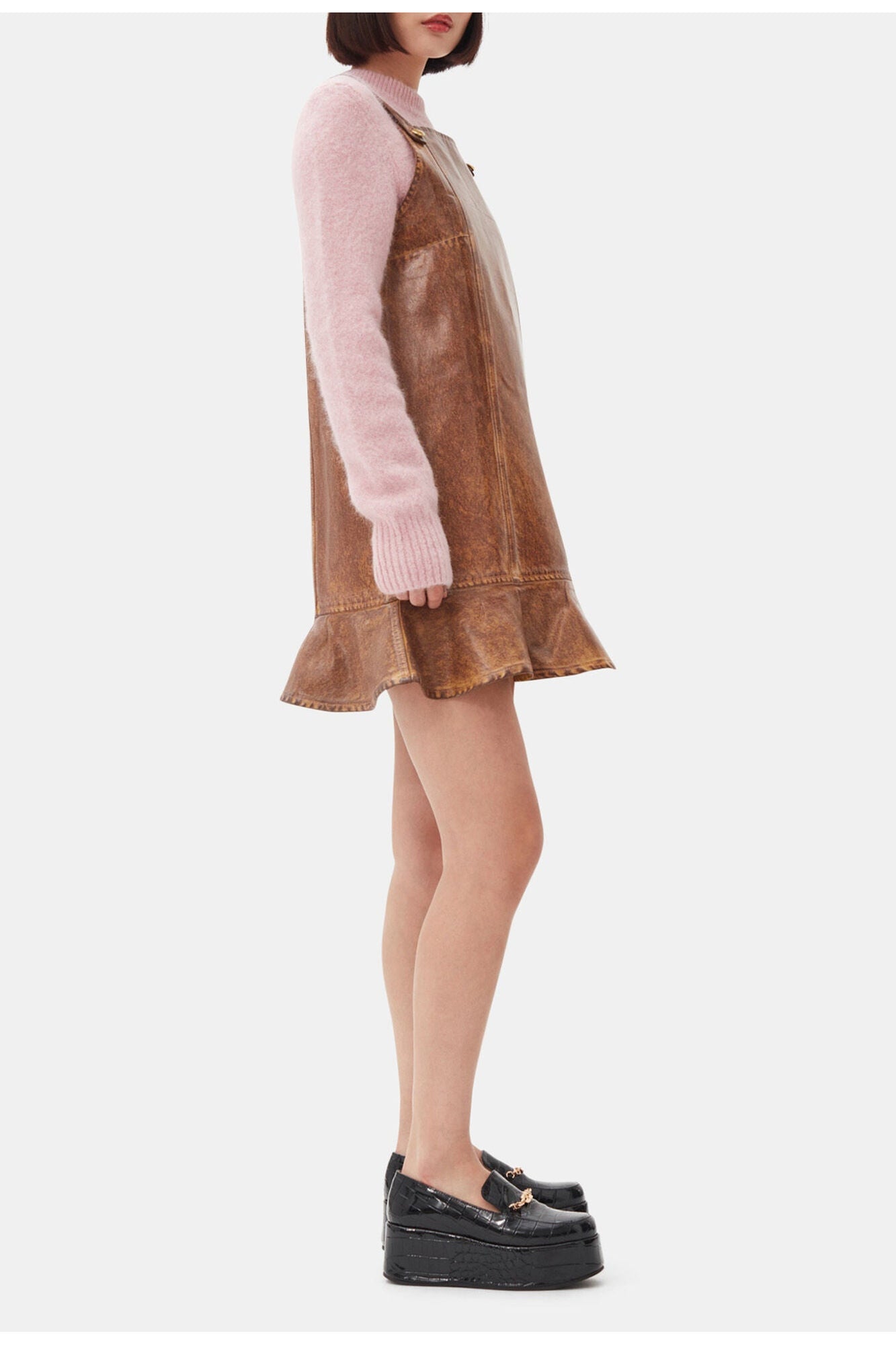 Brown Foil Denim Mini Dress | Cognac