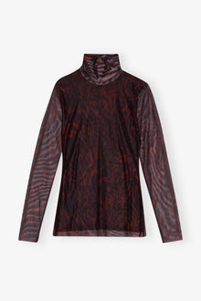Brown Printed Mesh Long sleeve Rollneck | Bitter Chocolate