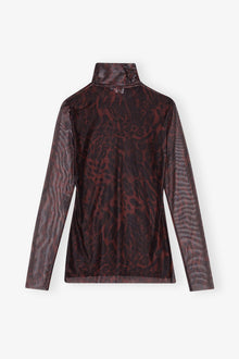 Brown Printed Mesh Long sleeve Rollneck | Bitter Chocolate