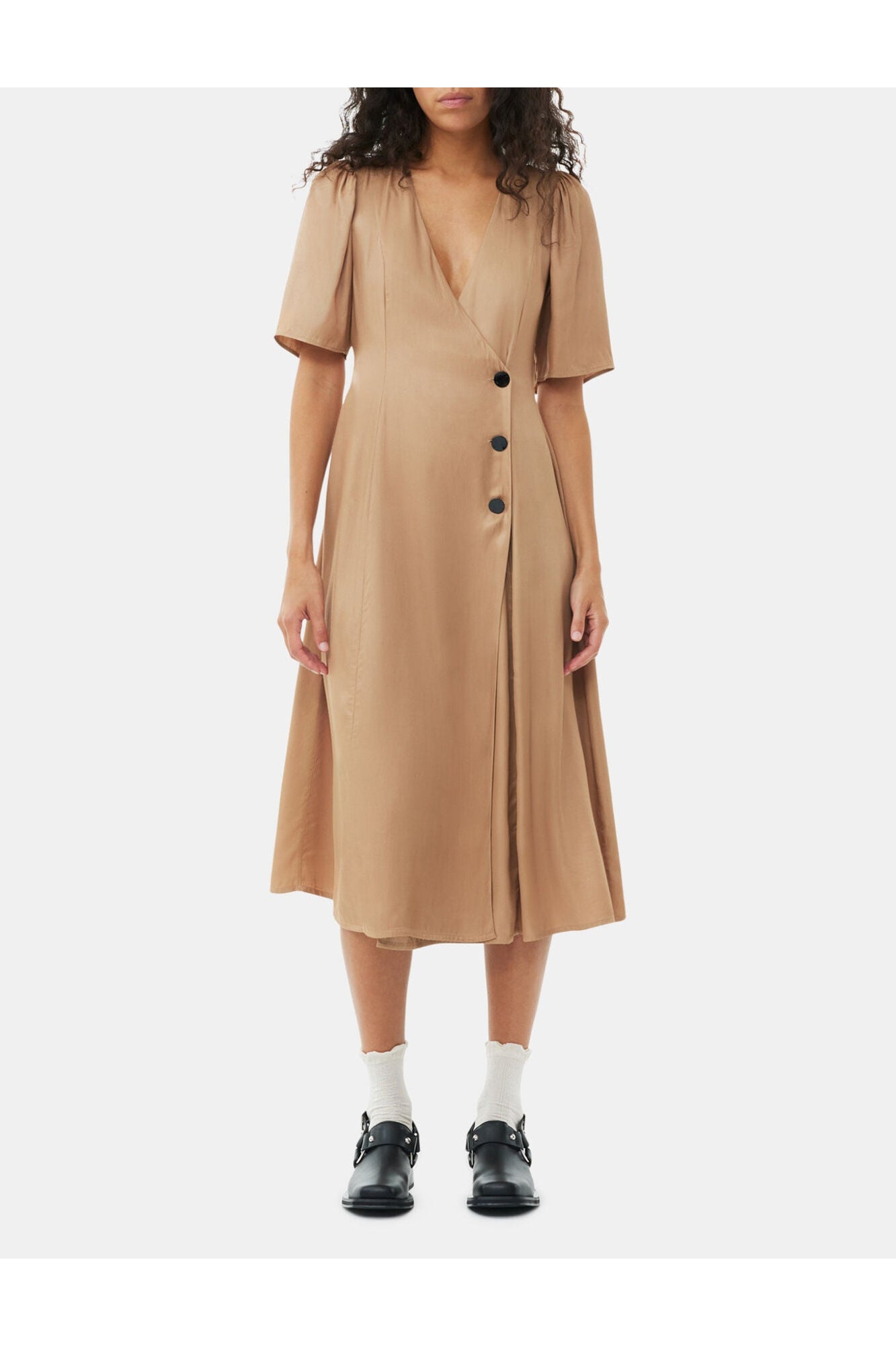 Brown Viscose Twill Wrap Midi Dress | Tiger's Eye