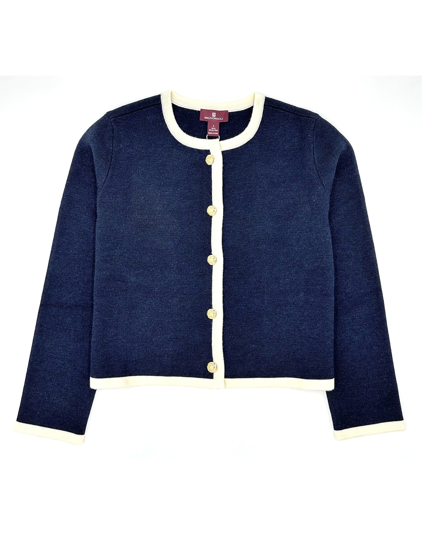 Bruno Magli | Women | Merino Cropped Crew Jacket With Tipping | Navy