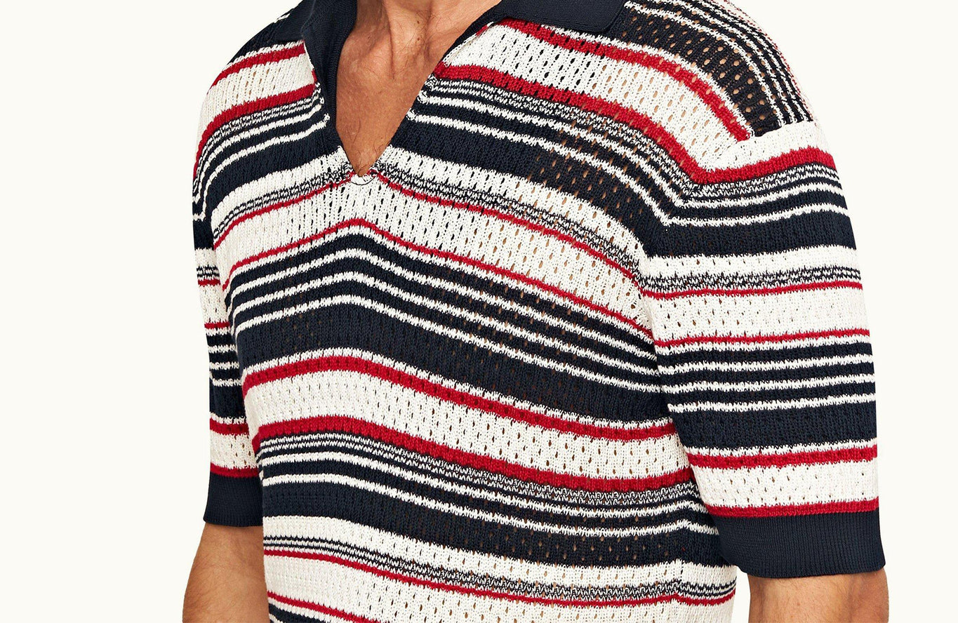 Bruno Stripe Crochet Stripe Mercerised Organic Cotton Polo Shirt | Matchstick/Night Iris