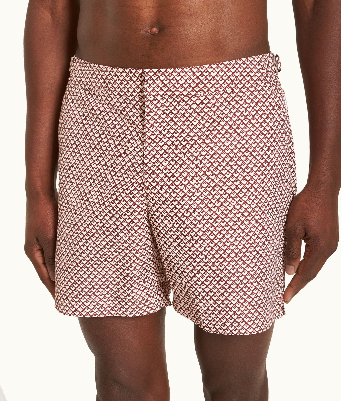 Bulldog Geo Print Mid-Length Swim Shorts | Copper Red/White Sand
