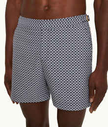 Bulldog Jacquard Geometric Mid-Length Swim Shorts | Night Iris/White Sand