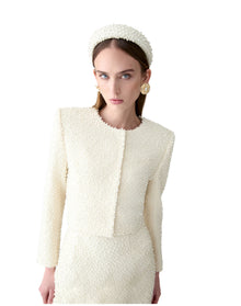 Embroidered Collarless Cropped Jacket | Ivory