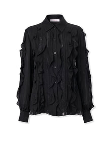 Embroidered Long Sleeve Collared Ruffled Top | Black