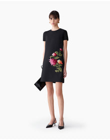 Embroidered Short Sleeve Crewneck Shift Dress | Black Multi