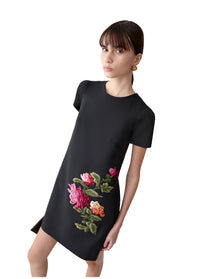 Embroidered Short Sleeve Crewneck Shift Dress | Black Multi