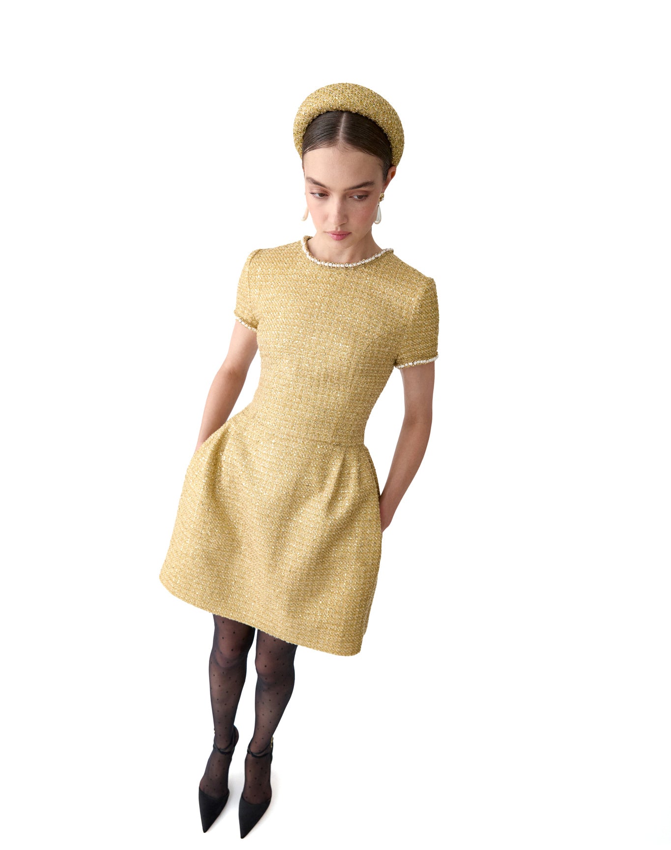 Embroidered Short Sleeve Crewneck Mini Dress | Gold
