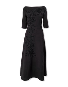 Embroidered Boat Neck Elbow Sleeve Midi Dress | Black