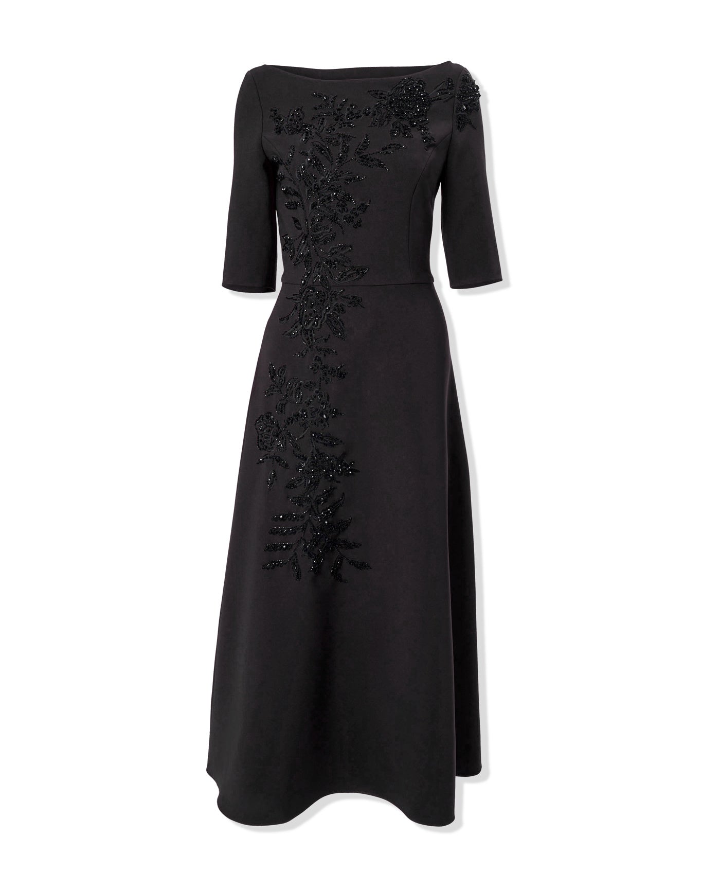 Embroidered Boat Neck Elbow Sleeve Midi Dress | Black