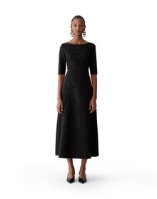 Embroidered Boat Neck Elbow Sleeve Midi Dress | Black