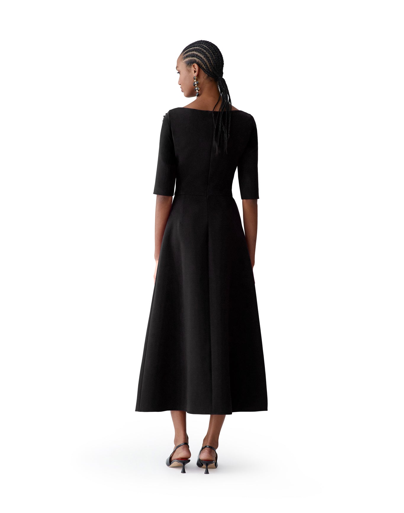 Embroidered Boat Neck Elbow Sleeve Midi Dress | Black