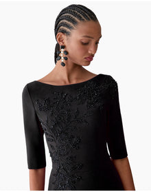 Embroidered Boat Neck Elbow Sleeve Midi Dress | Black