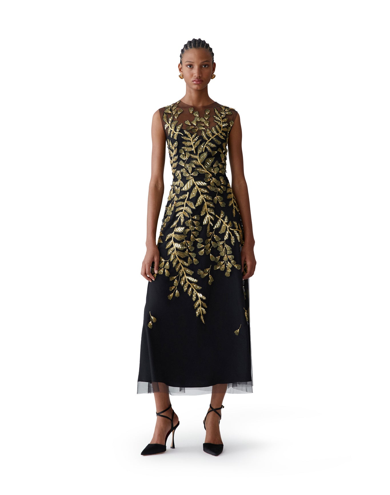 Embroidered Sleeveless Crewneck Midi Dress | Black/Gold