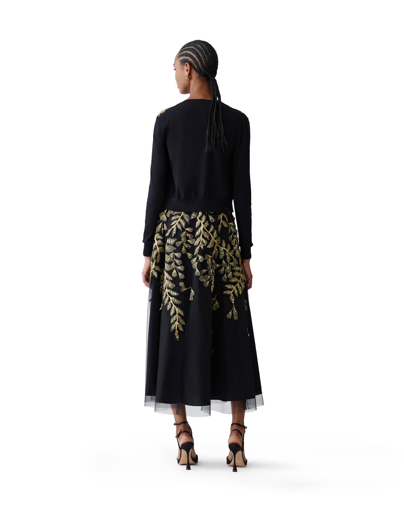 Embroidered Long Sleeve Crewneck Cardigan | Black/Gold
