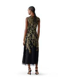 Embroidered Sleeveless Crewneck Midi Dress | Black/Gold