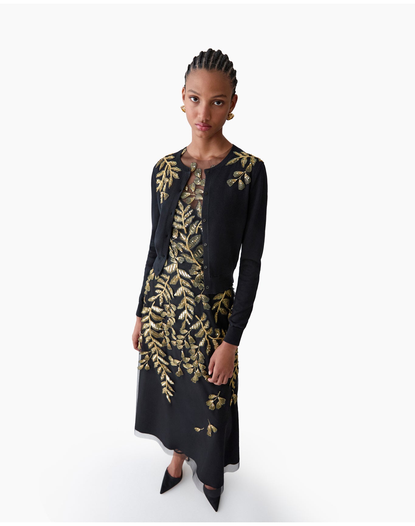 Embroidered Sleeveless Crewneck Midi Dress | Black/Gold