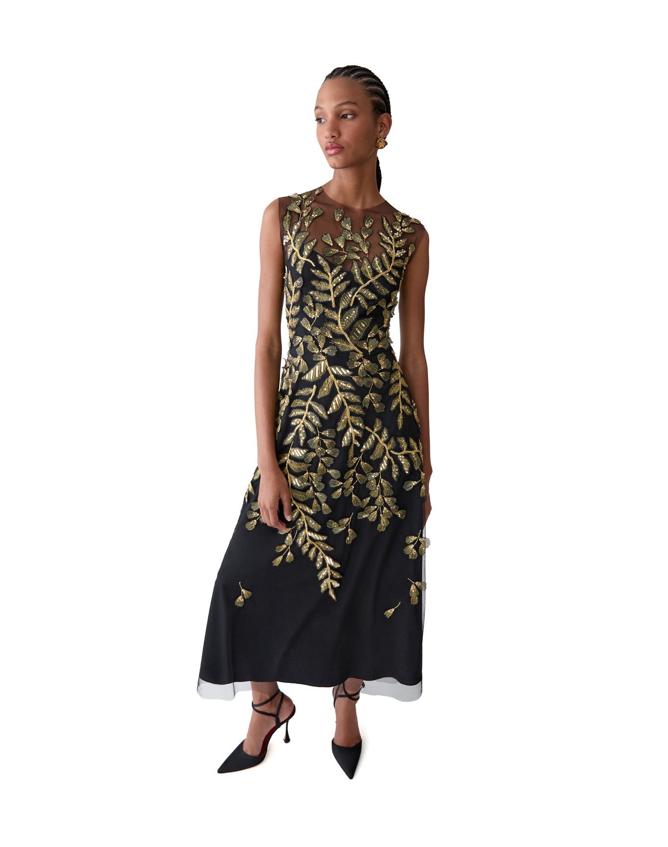 Embroidered Sleeveless Crewneck Midi Dress | Black/Gold