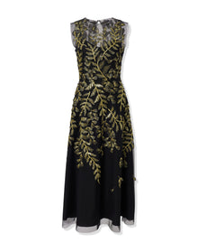 Embroidered Sleeveless Crewneck Midi Dress | Black/Gold
