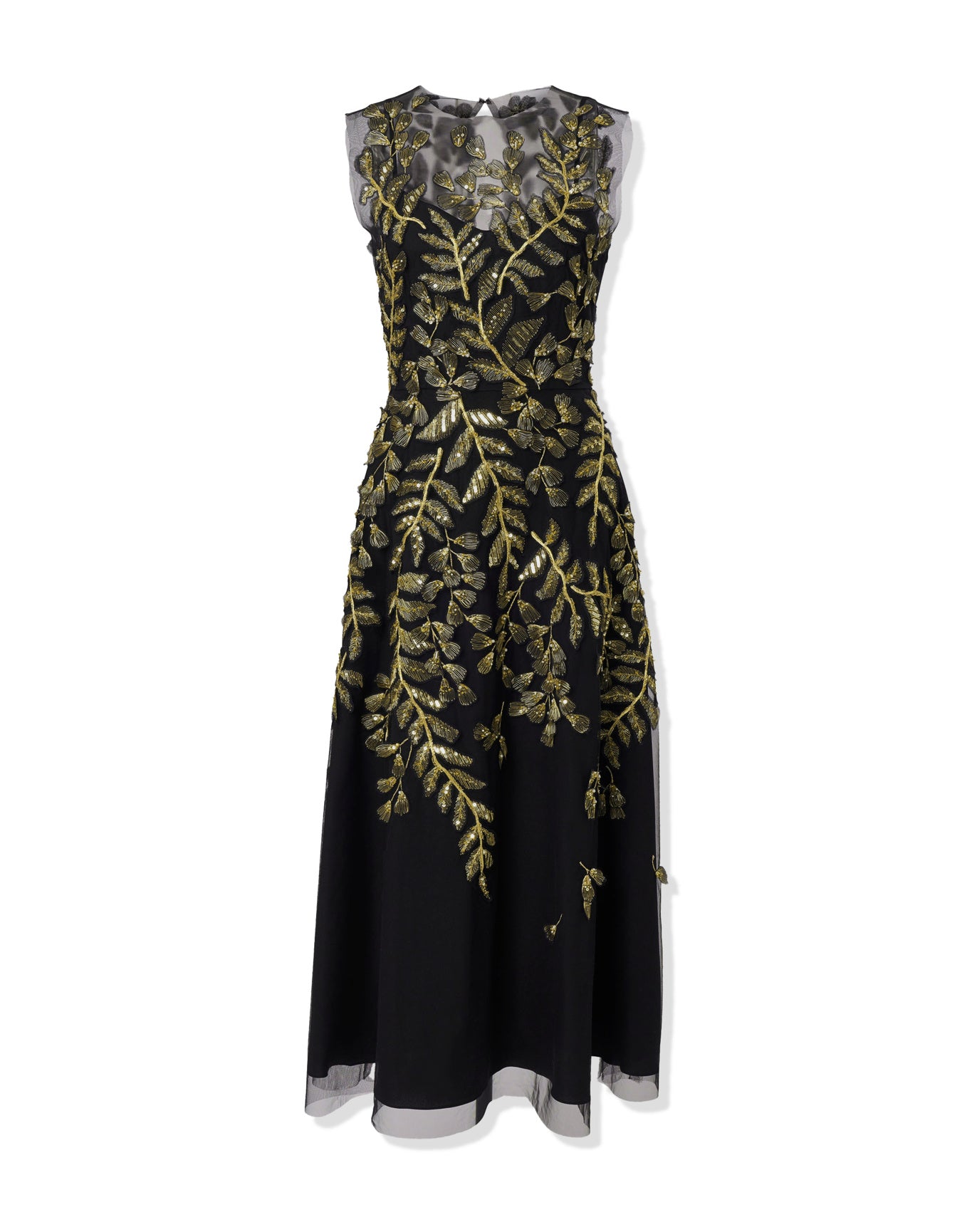 Embroidered Sleeveless Crewneck Midi Dress | Black/Gold