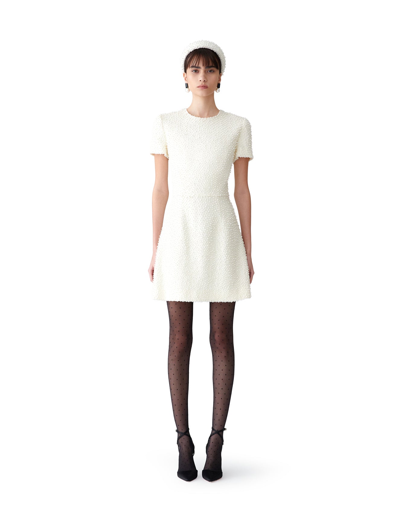 Embroidered Short Sleeve Crewneck Mini Dress | Ivory